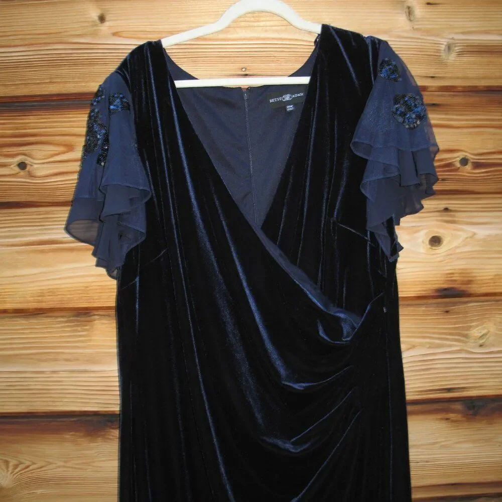 NWT Betsy & Adam PLUS "CAROLINA" LONG VELVET V-NECK SEQUIN SLEEVE DRESS Navy - Picture 7 of 13